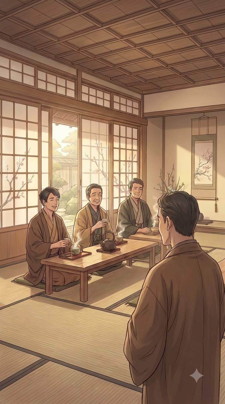 和室で、お茶を飲みながら話している人たち